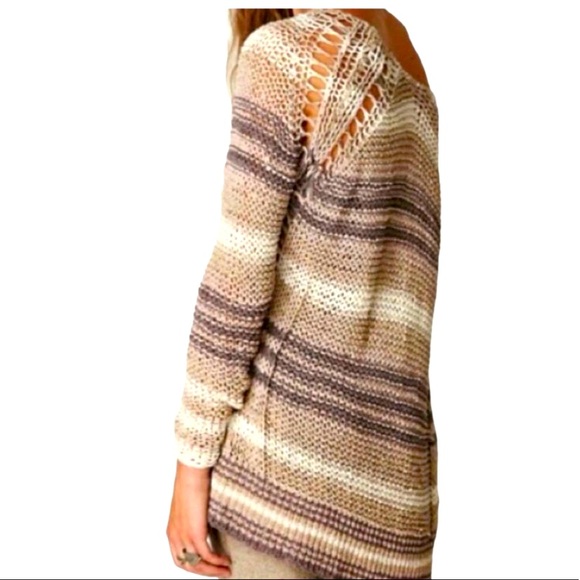 Free People Taupe Beige Gray Ivory Striped Open Loose Knit Sweater, Size Small - Picture 2 of 11